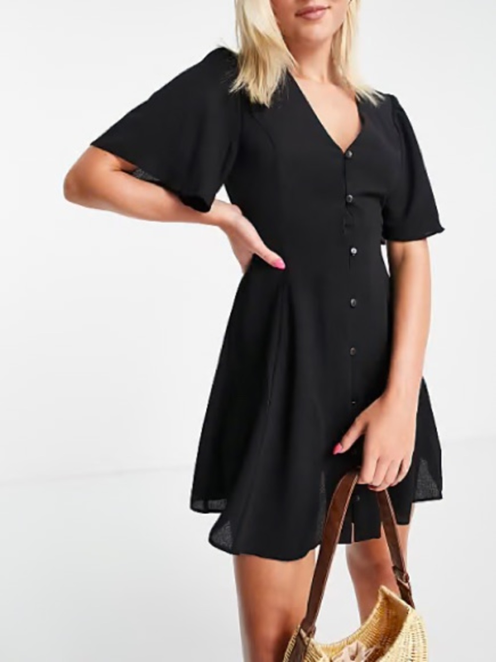 ASOS DESIGN Button Through Tie Back Mini Tea Dress Angel Sleeve in Black Size 6